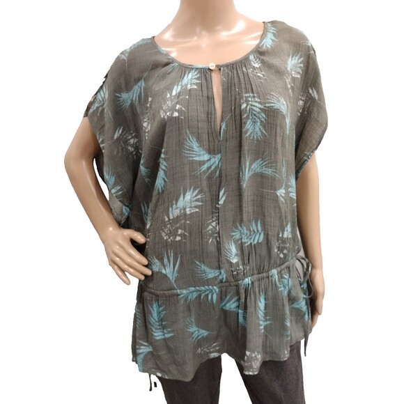 Hope & Harlow Tops - Hope & Harlow Women's 2X Dark Olive Grey Blue Tropical Leaves Plus Size Blouse